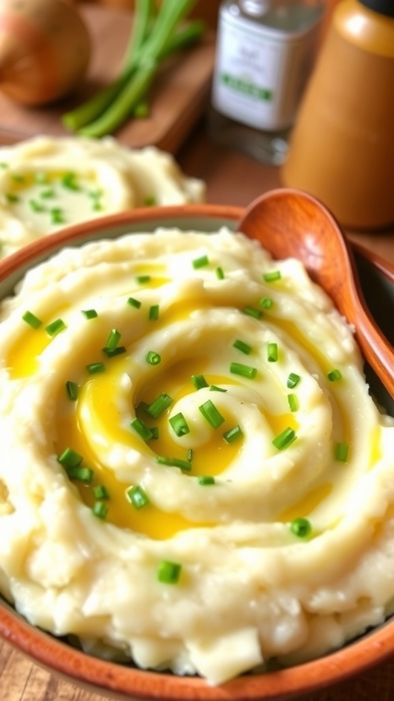 Creamy roasted garlic mashed cauliflower in a rustic bowl, garnished with chives, on a wooden table.